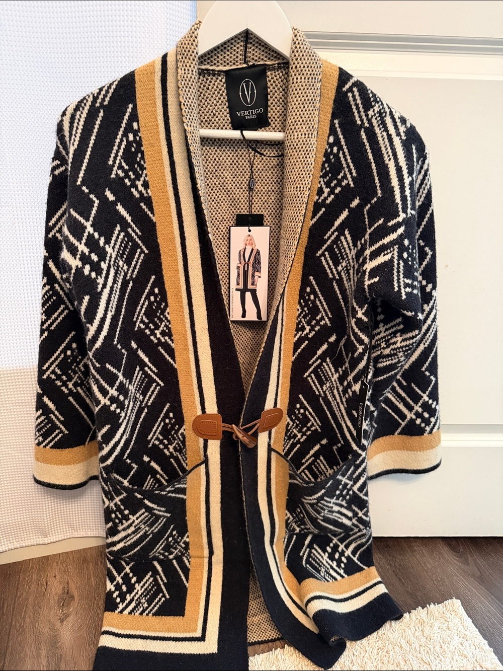 Vertigo Paris Black, Tan & Cream Geometric Open-Front Cardigan